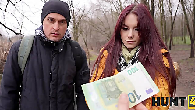 Reality Pick Up with a Flat-chested Brunette Cuckolding BF For Money