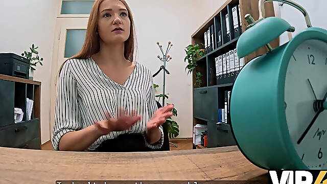 Hot redhead girl in seductive stockings comes to her loaner and offers her tight ass for some wild fucking in exchange for some money