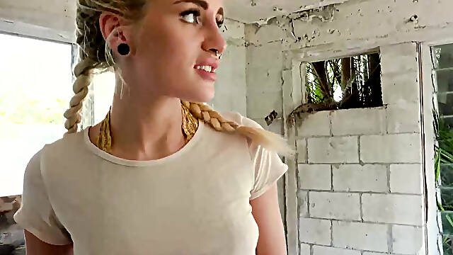 Naomi Woods flash her perky tits & rides a fat cock outdoors