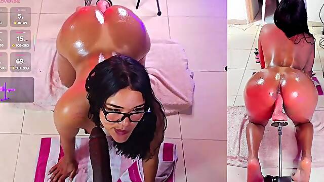 Cute dildo in anal and a big black dildo in her mouth