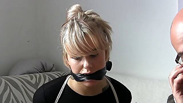 Smoking hot blonde in black shoes with high heels got tied up, tight, the other day