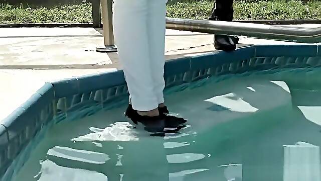 Wetlook swim in white clothes and boots
