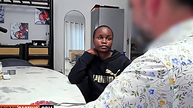 Amateur Ebony Babe Starts Shy & Ends Up Deep Throating Big White Cock