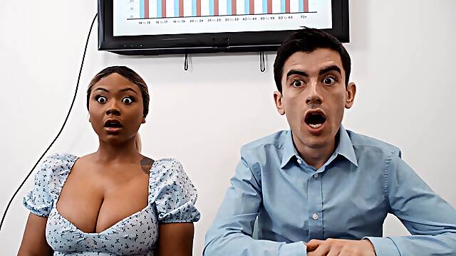 Interracial fucking in the office with naughty Avery and Zoe