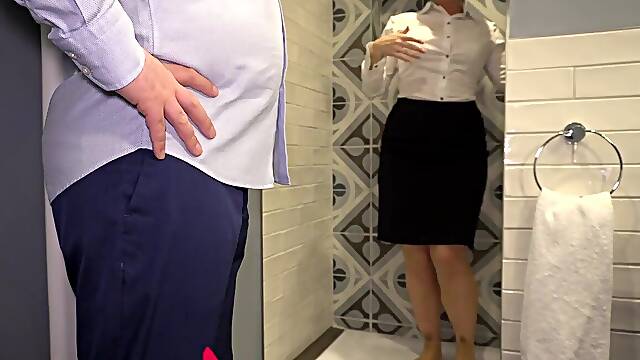 My intimate secretary in business dress having joy with the boss in the shower