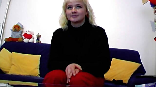 A cute German teen girl playing with her white dong