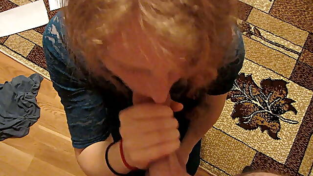 POV Amateur Redhead Clothed Shy Wife Has First Orgasm While Giving Blowjob and Facial