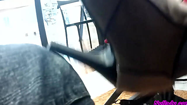 In the Bar Stroking My Husband with My Grey Mini Boots