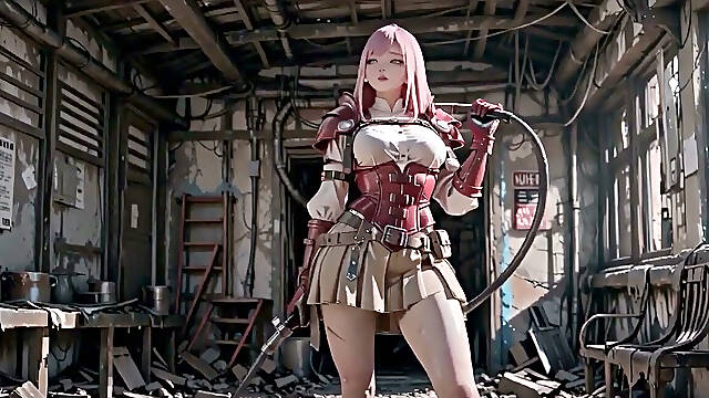 Pink-haired Mech Warrior! Lazy Sensuality in the Wasteland Ruins, Wet Close-ups Against Pure White Backgrounds