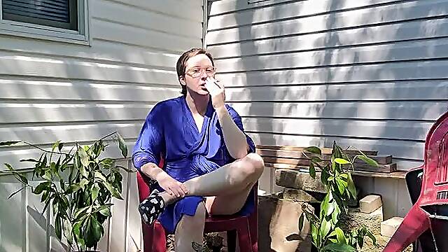 Smoking Cigarette Outside in a Blue Robe and Flashing and Showing Bushy Pussy