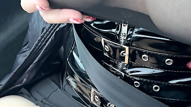 MILF in the Car with Sex Toys Collar Micro Skirt and Sheer Top